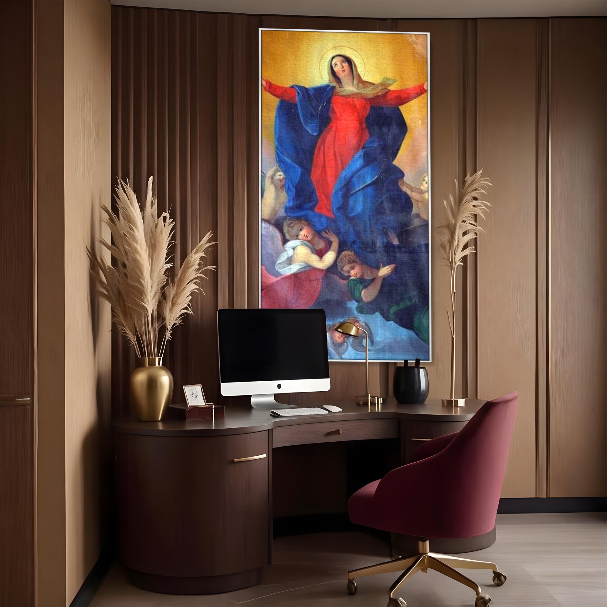 Tablou canvas cu tablou canvas cu fecioara si ingeri, in rama de aluminiu argintiu, pe perete intr-un birou